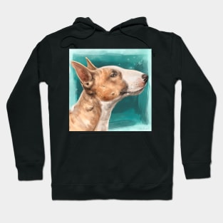 Painting of a Brown and White Bull Terrier on Teal Blue Background Hoodie